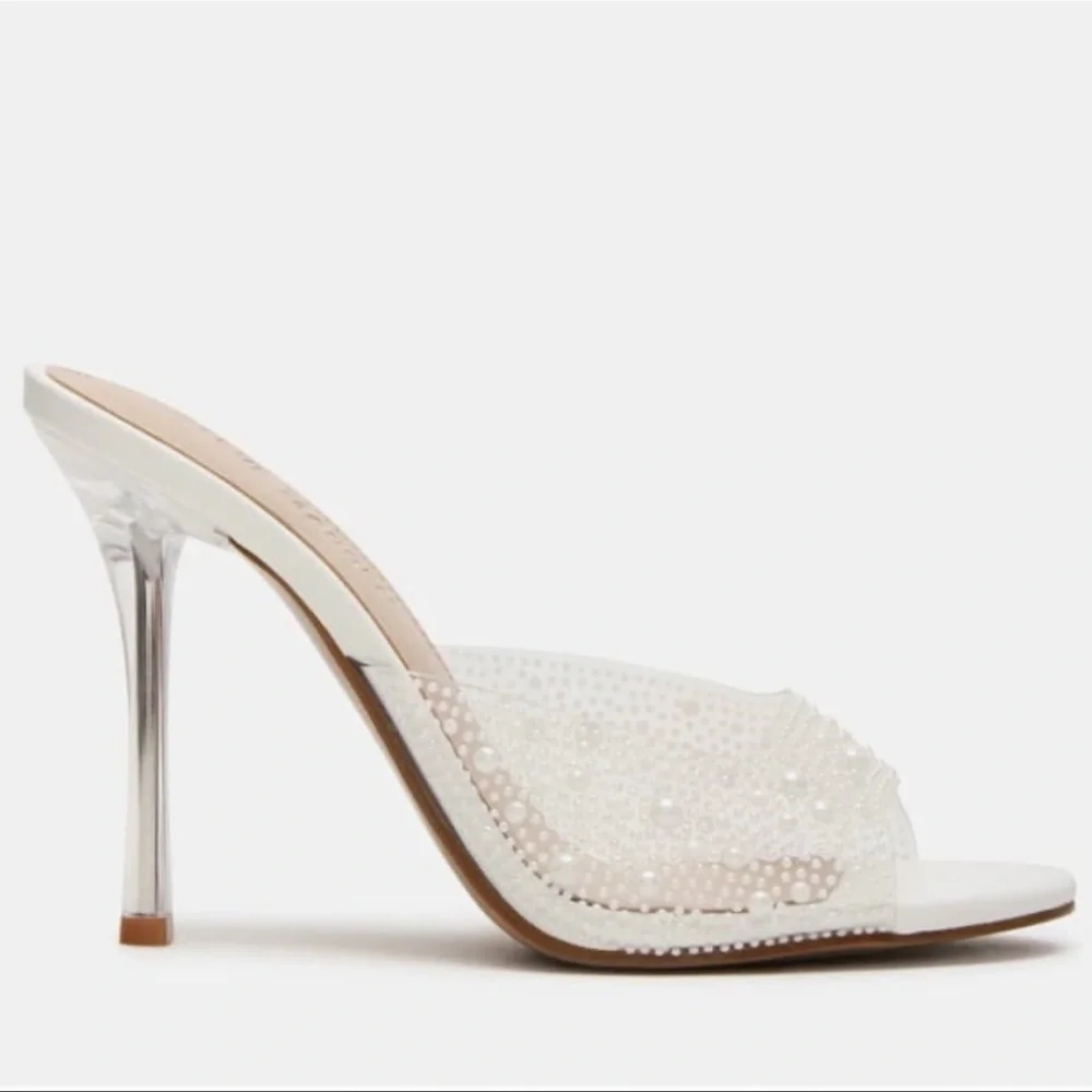 Steve Madden Peach PVC Open Toe White Pearl Embellished Heels